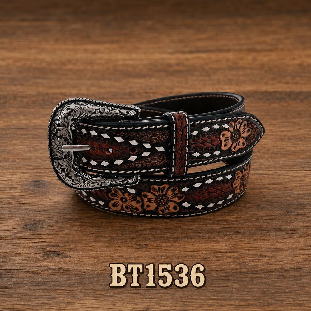 BT-1536 Western Foral Tooled Belt Infinity Rawhide Buck Stitch Size 36